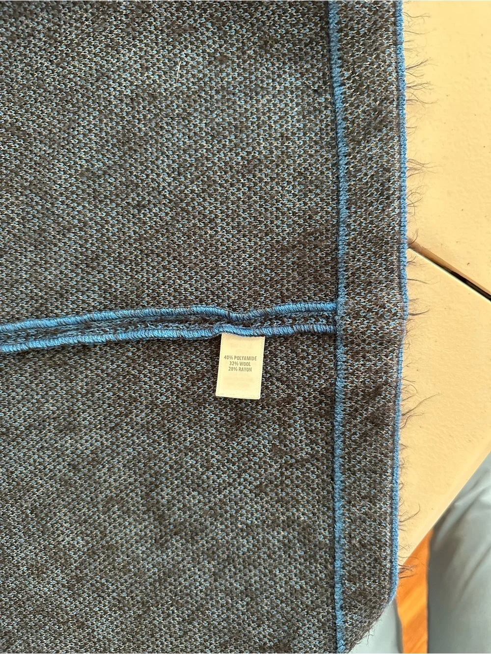St. John Wool Blend Knit Cardigan Jacket Blue Black Size M Fringe Geometric